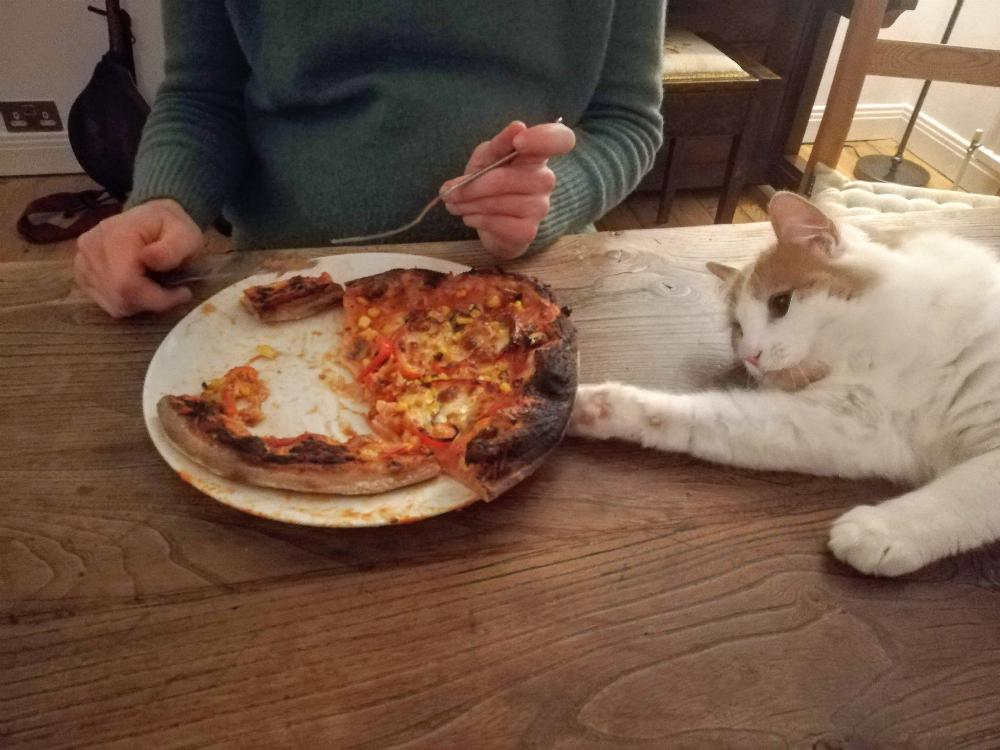 Henry trying to touch a pizza.