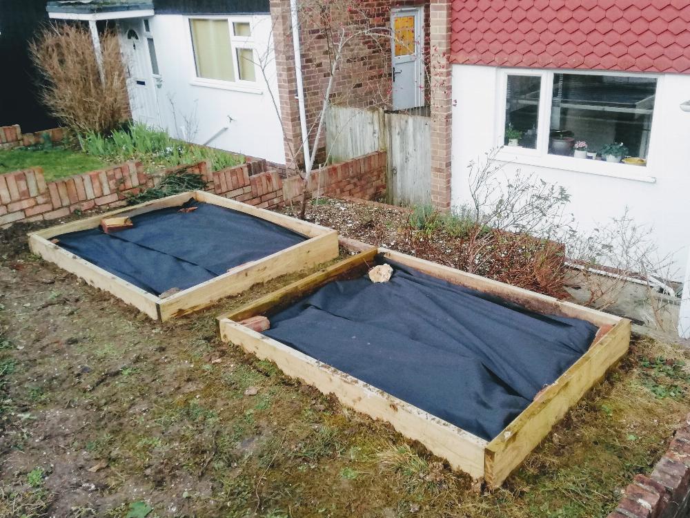 Two raised beds in front garden of house.