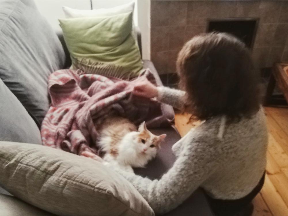 Joana tucking Henry into sheets.