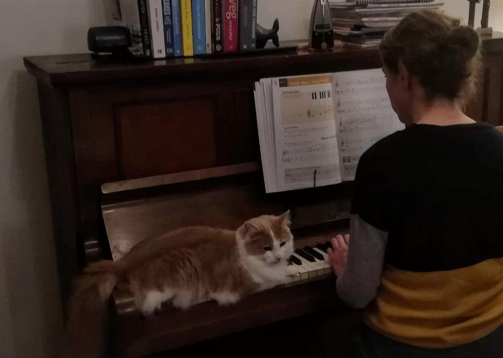 Henry sitting on piano whilst Joana plays.