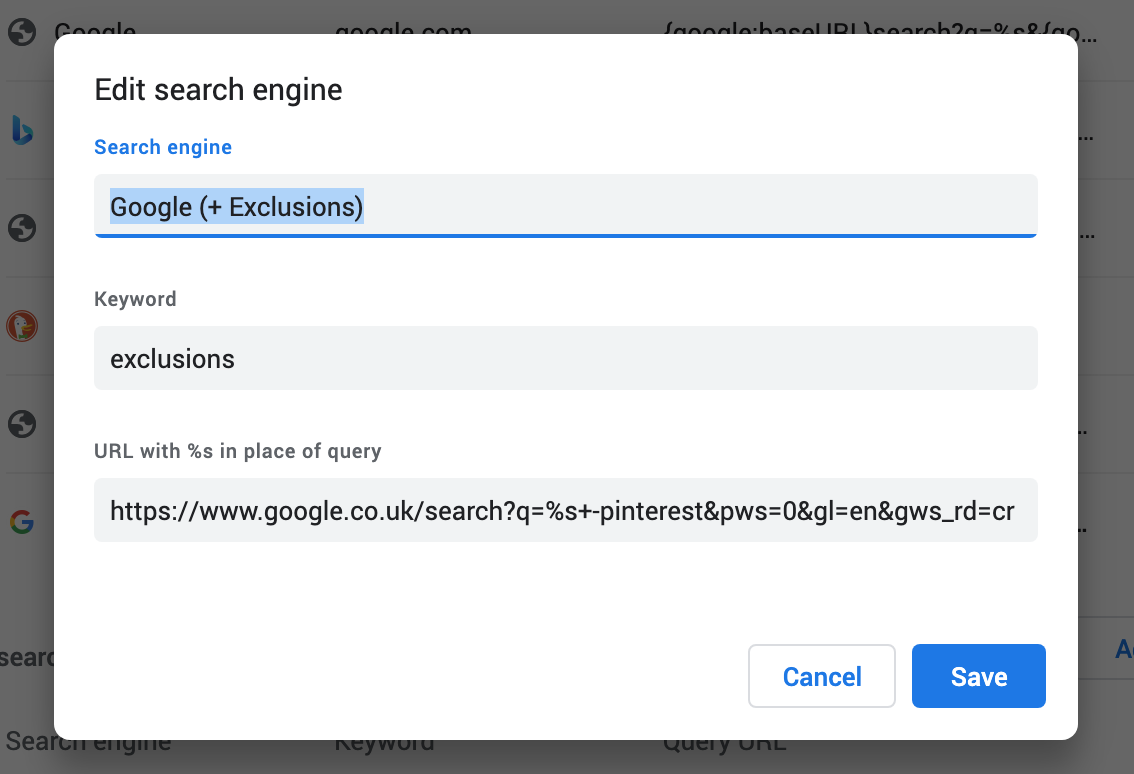Screenshot of manage search engines in Chrome, instructions are above in article